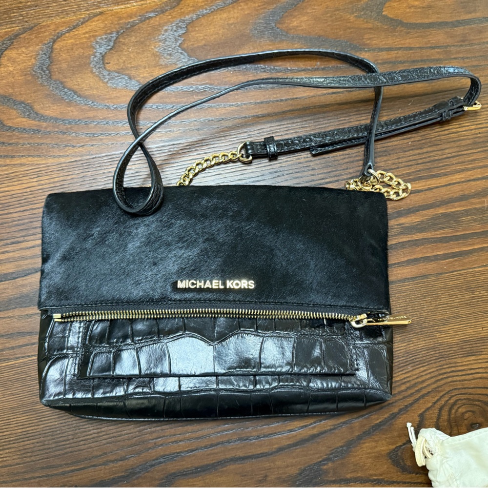 Michael Kors Black and Gold Clutch with Croc Embossed Detail with Mohair